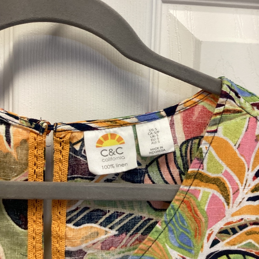 C&C California Multicolor Leaf Print SZ S tropical mini 100% Linen dress - Picture 5 of 9